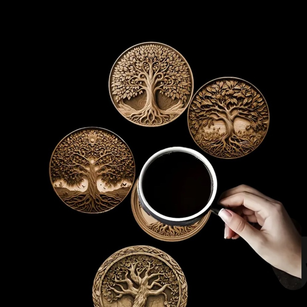 Tree of Life Wooden Coaster set of 8 - Picture 2 of 4